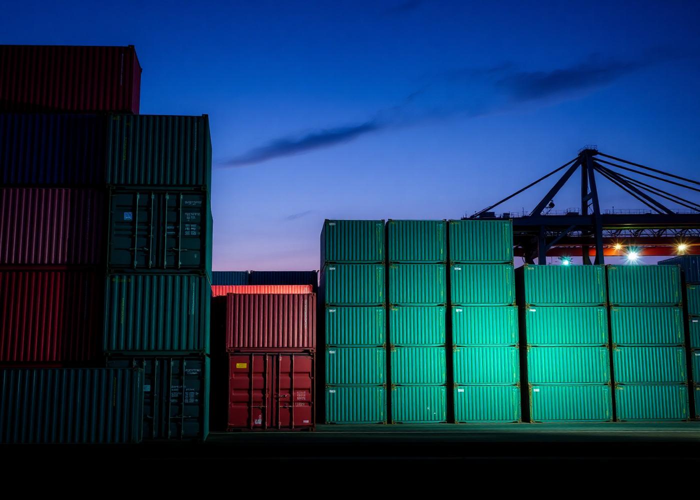 Stacked shipping containers at a port at dusk