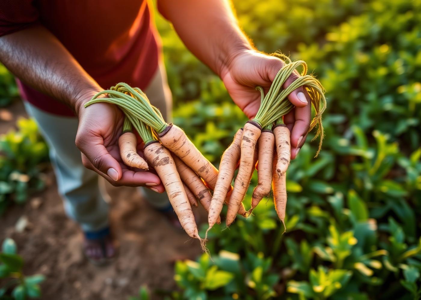 Freshly harvested spice roots held in a farmer's hands in an Indian field